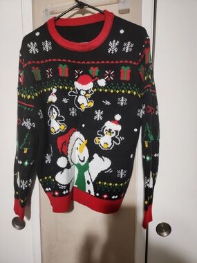 Women’s Black Holiday Snowman & Penguins Knit Sweater